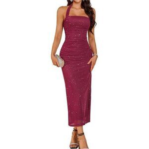 Womens Formal Dress, Halter Sequin Bodycon Dress Red